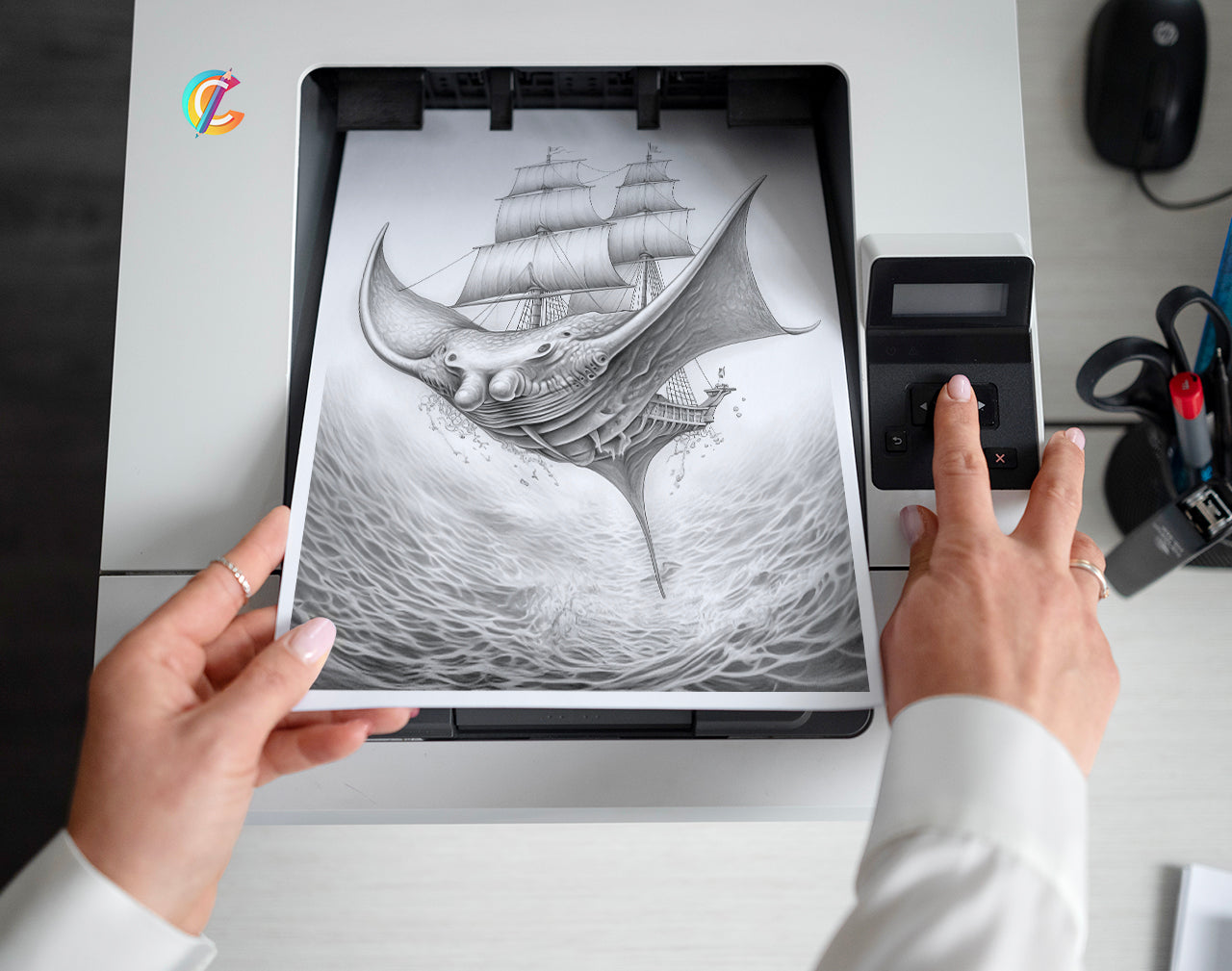 30 Fantasy Monster Ship Grayscale Coloring Pages - Instant Download - Printable PDF – preview 2