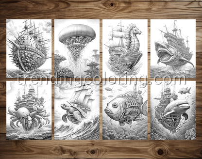 30 Fantasy Monster Ship Grayscale Coloring Pages - Instant Download - Printable PDF – preview 3