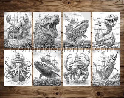 30 Fantasy Monster Ship Grayscale Coloring Pages - Instant Download - Printable PDF – preview 4