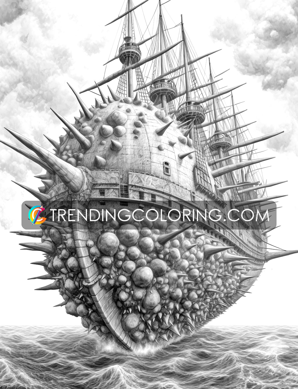 30 Fantasy Monster Ship Grayscale Coloring Pages - Instant Download - Printable PDF – preview 5