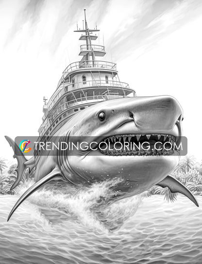 30 Fantasy Monster Ship Grayscale Coloring Pages - Instant Download - Printable PDF – preview 7