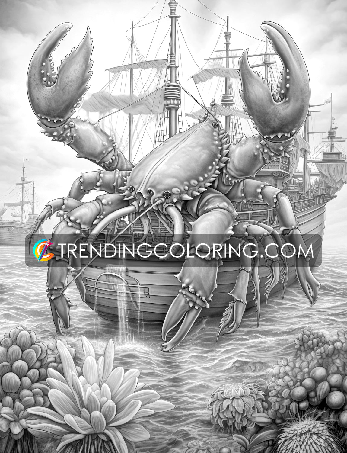 30 Fantasy Monster Ship Grayscale Coloring Pages - Instant Download - Printable PDF – preview 8