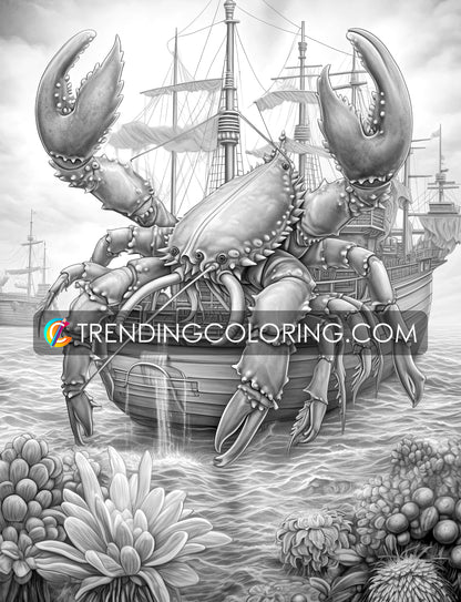 30 Fantasy Monster Ship Grayscale Coloring Pages - Instant Download - Printable PDF – preview 8