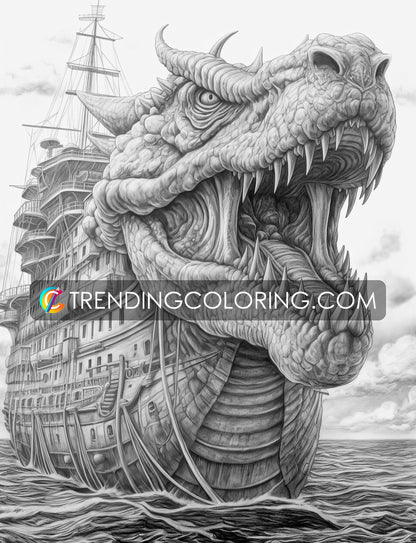 30 Fantasy Monster Ship Grayscale Coloring Pages - Instant Download - Printable PDF – preview 9