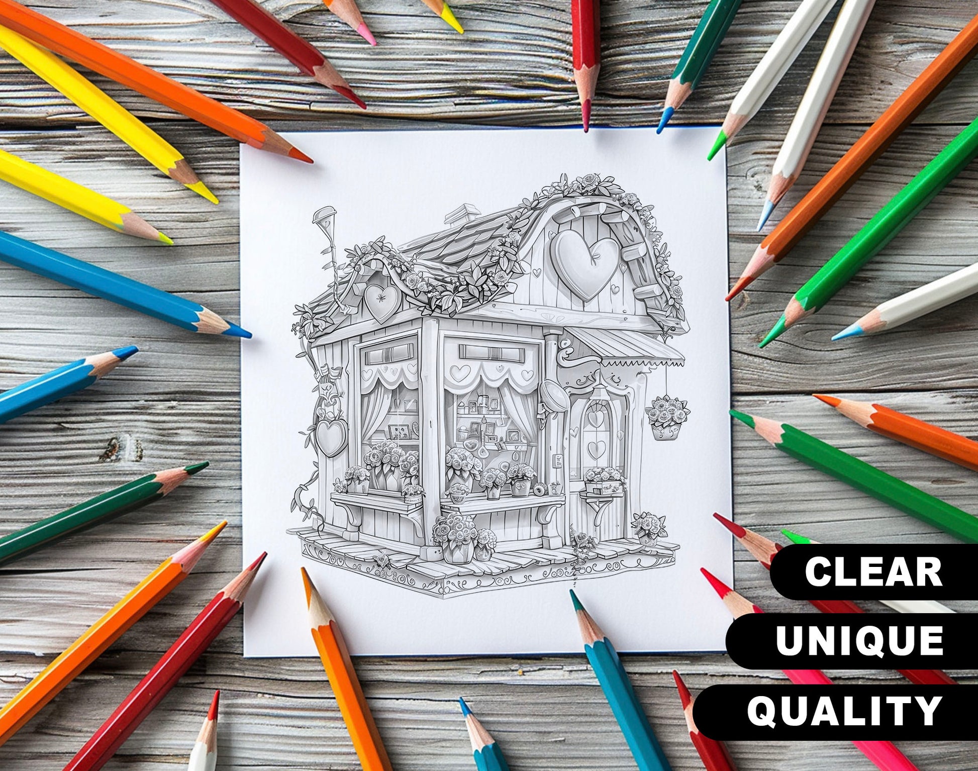 30 Flower Love Shop Grayscale Coloring Pages - Instant Download - Printable PDF Dark/Light – preview 3
