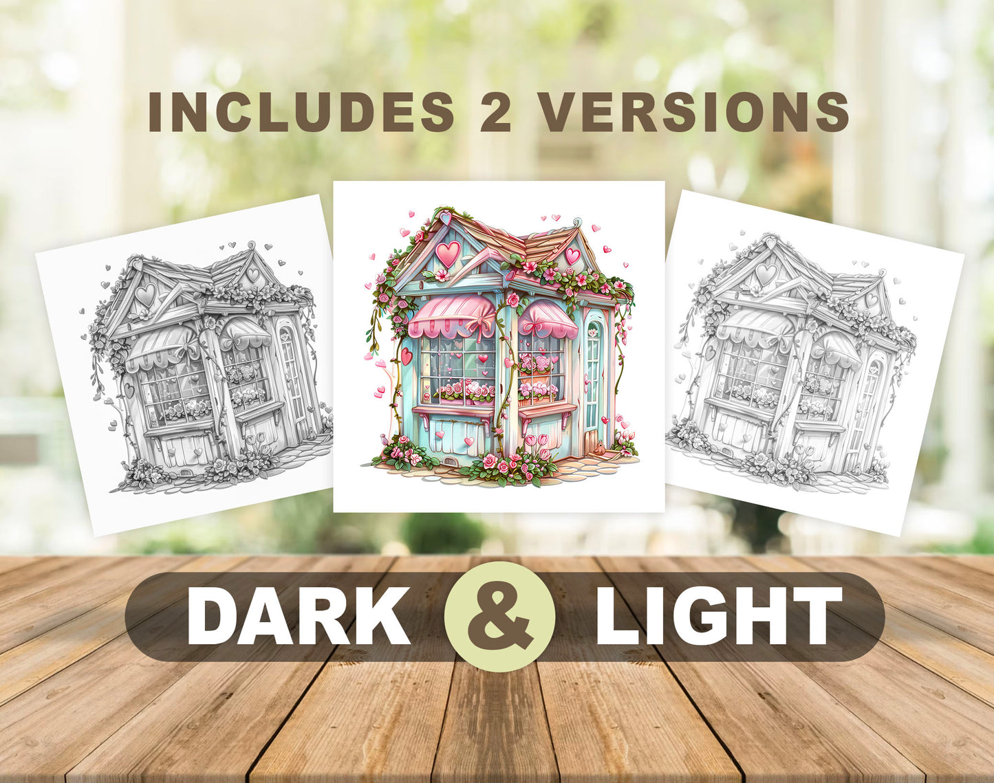 30 Flower Love Shop Grayscale Coloring Pages - Instant Download - Printable PDF Dark/Light – preview 4