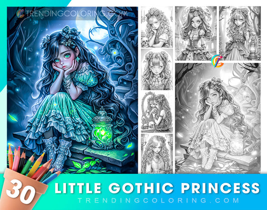 30 Little Gothic Princess Grayscale Coloring Pages - Instant Download - Printable PDF Dark/Light