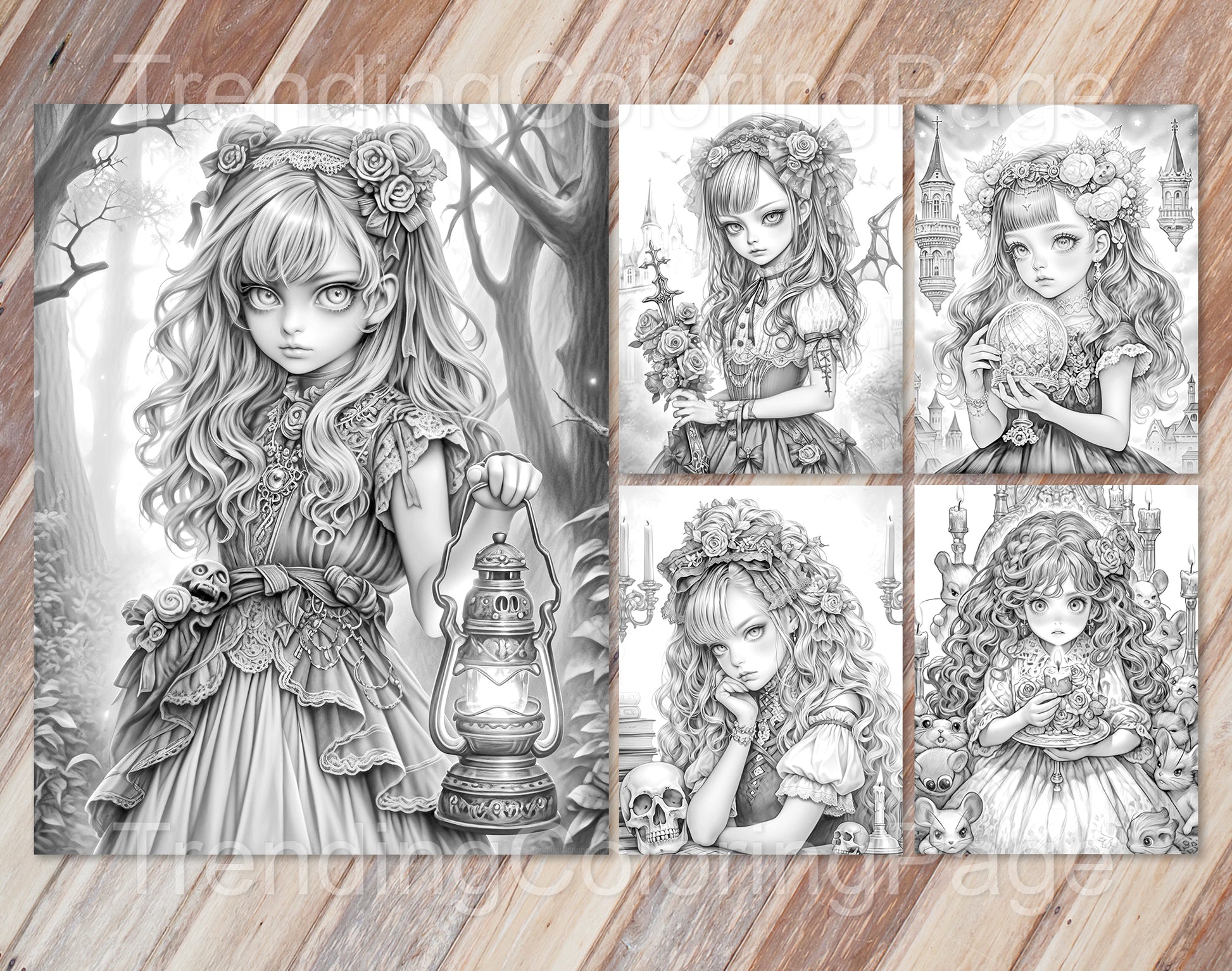 30 Little Gothic Princess Grayscale Coloring Pages - Instant Download - Printable PDF Dark/Light – preview 2