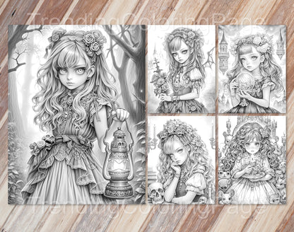 30 Little Gothic Princess Grayscale Coloring Pages - Instant Download - Printable PDF Dark/Light – preview 2