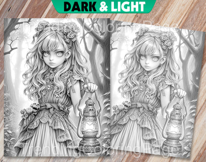 30 Little Gothic Princess Grayscale Coloring Pages - Instant Download - Printable PDF Dark/Light – preview 4