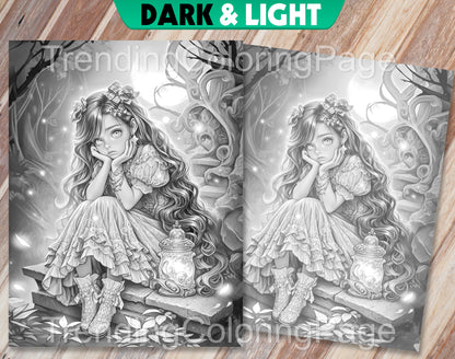 30 Little Gothic Princess Grayscale Coloring Pages - Instant Download - Printable PDF Dark/Light – preview 6