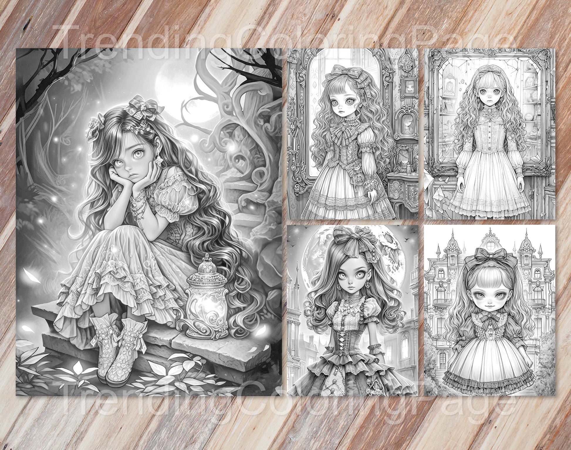 30 Little Gothic Princess Grayscale Coloring Pages - Instant Download - Printable PDF Dark/Light – preview 7