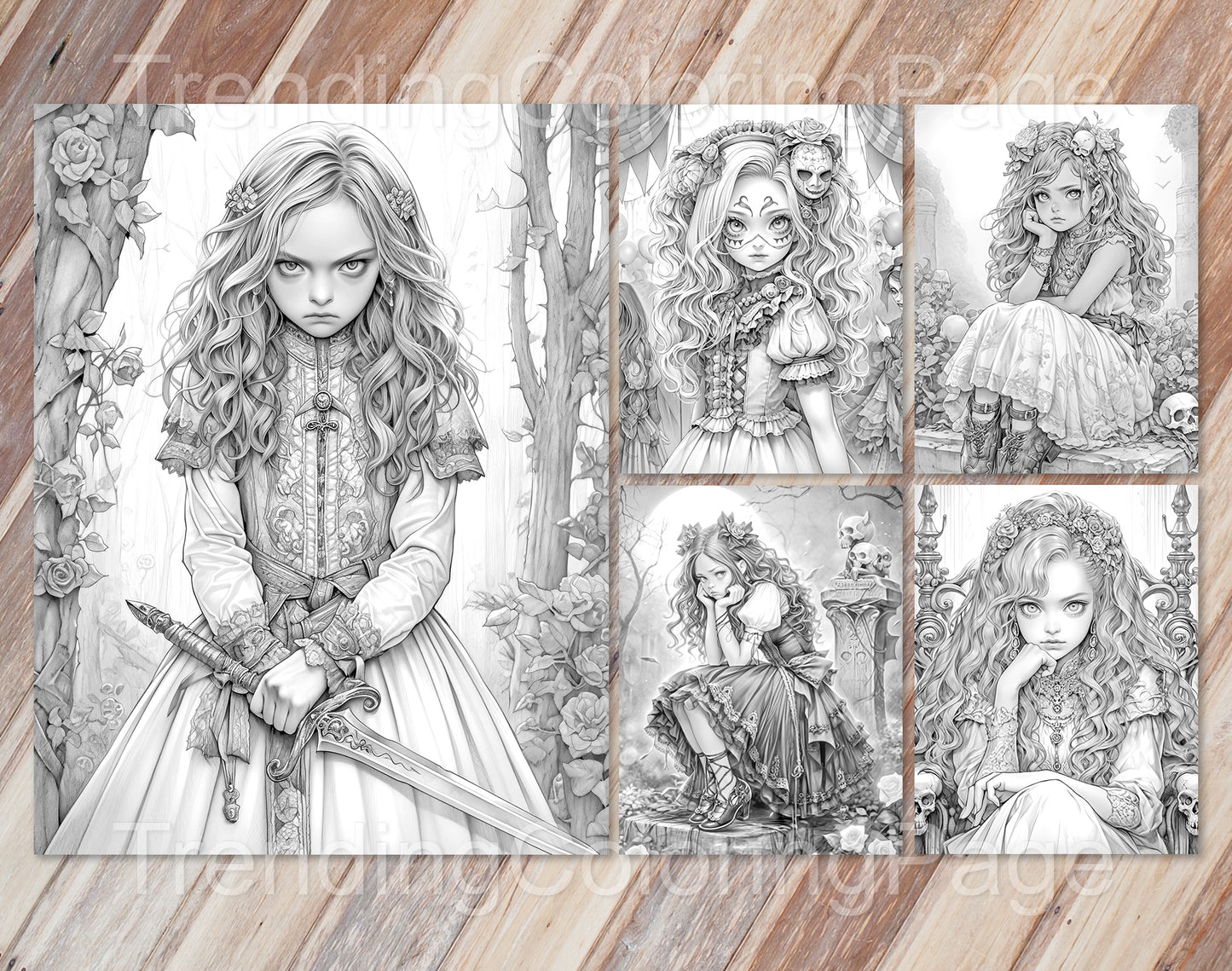 30 Little Gothic Princess Grayscale Coloring Pages - Instant Download - Printable PDF Dark/Light – preview 8