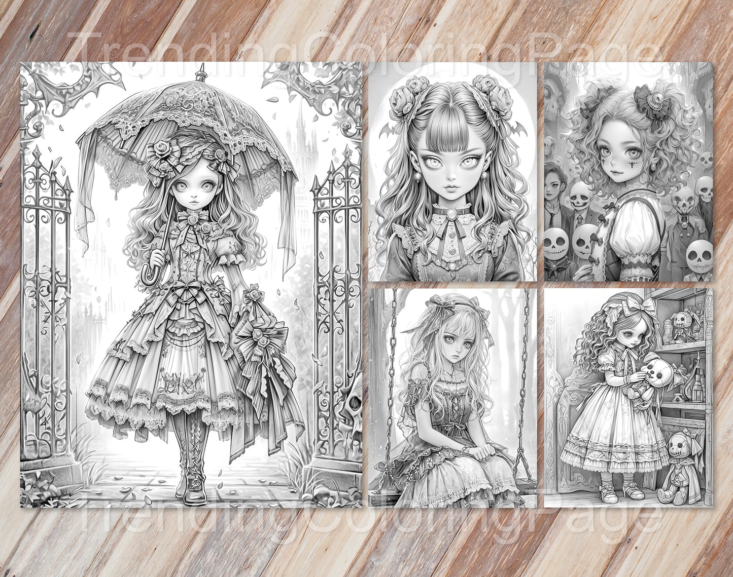 30 Little Gothic Princess Grayscale Coloring Pages - Instant Download - Printable PDF Dark/Light – preview 9