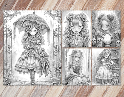 30 Little Gothic Princess Grayscale Coloring Pages - Instant Download - Printable PDF Dark/Light – preview 9