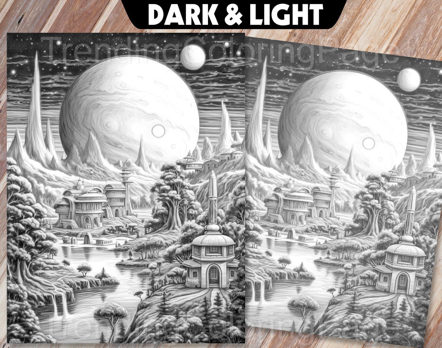 30 The Future of the Universe Grayscale Coloring Pages - Instant Download - Printable PDF Dark/Light – preview 10