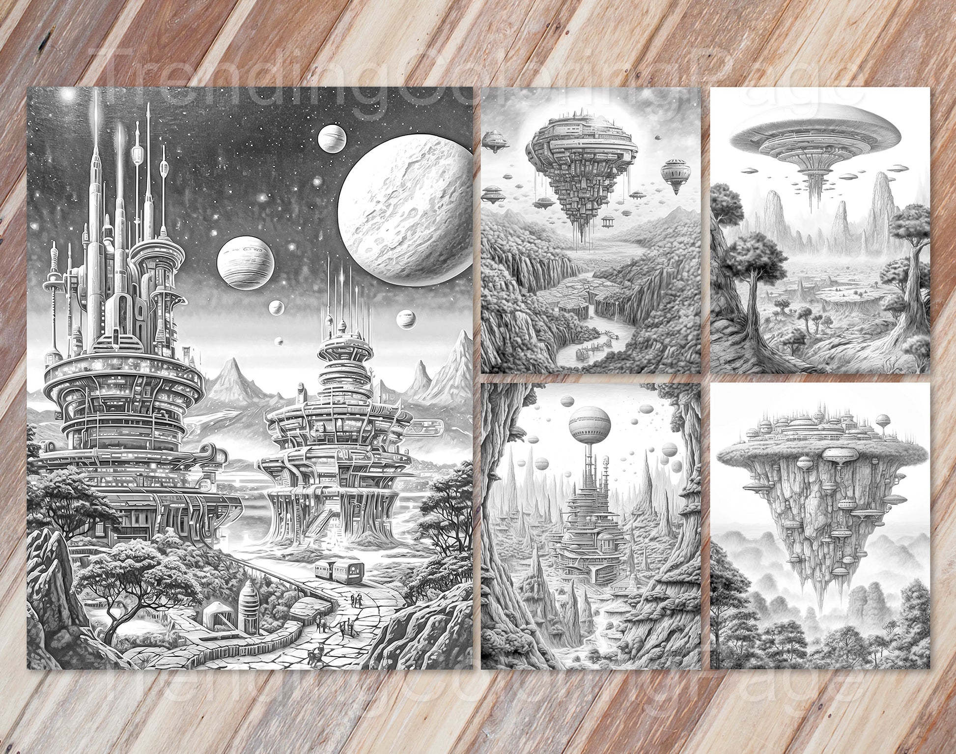 30 The Future of the Universe Grayscale Coloring Pages - Instant Download - Printable PDF Dark/Light – preview 4