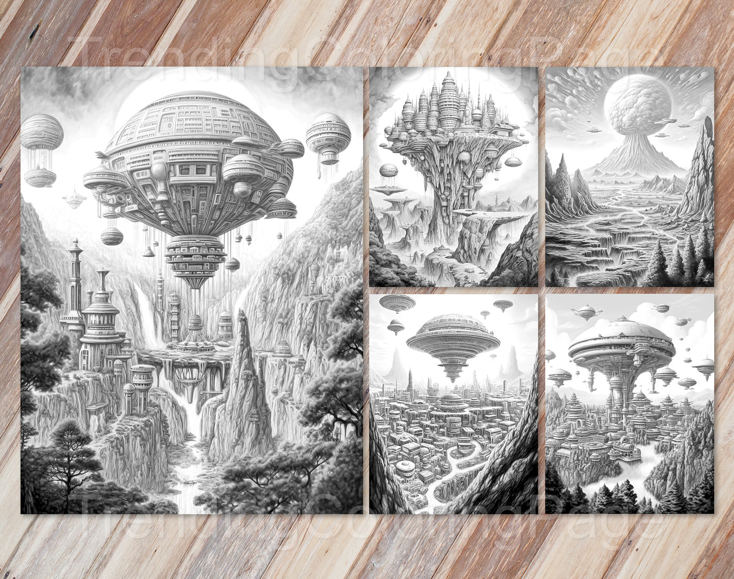 30 The Future of the Universe Grayscale Coloring Pages - Instant Download - Printable PDF Dark/Light – preview 5