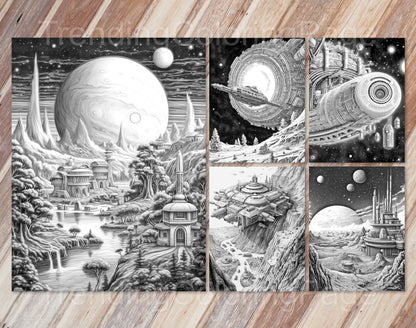 30 The Future of the Universe Grayscale Coloring Pages - Instant Download - Printable PDF Dark/Light – preview 6