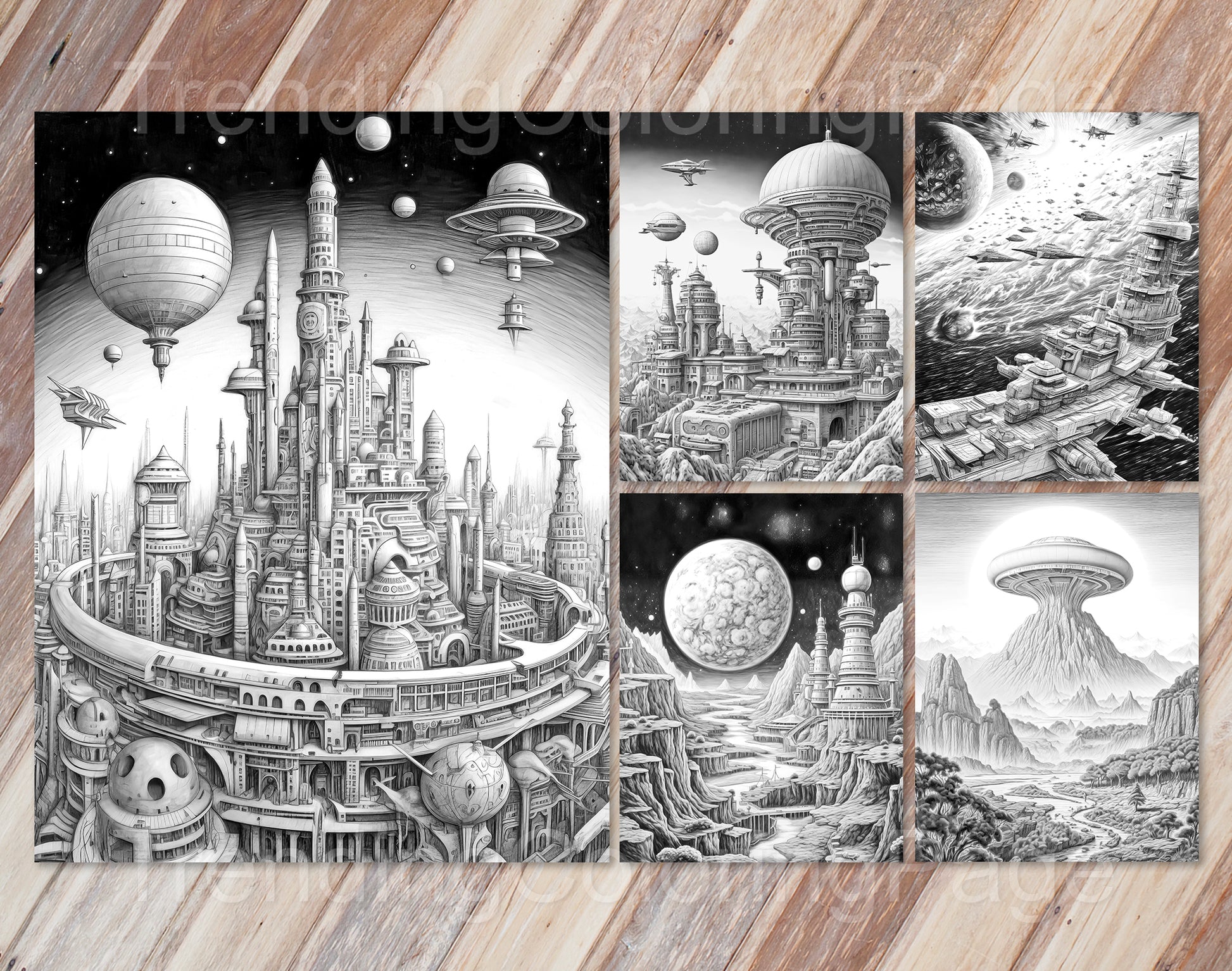30 The Future of the Universe Grayscale Coloring Pages - Instant Download - Printable PDF Dark/Light – preview 7