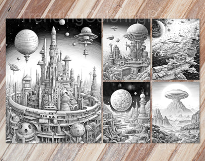 30 The Future of the Universe Grayscale Coloring Pages - Instant Download - Printable PDF Dark/Light – preview 7
