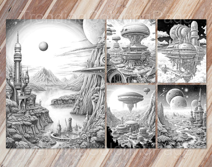 30 The Future of the Universe Grayscale Coloring Pages - Instant Download - Printable PDF Dark/Light – preview 8