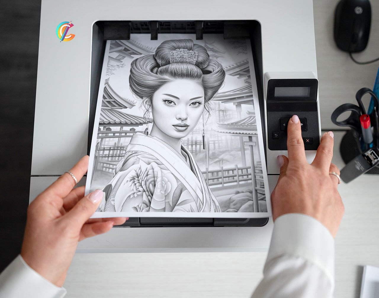 30 Traditional Japanese Girls Grayscale Coloring Pages - Instant Download - Printable PDF Dark/Light – preview 2