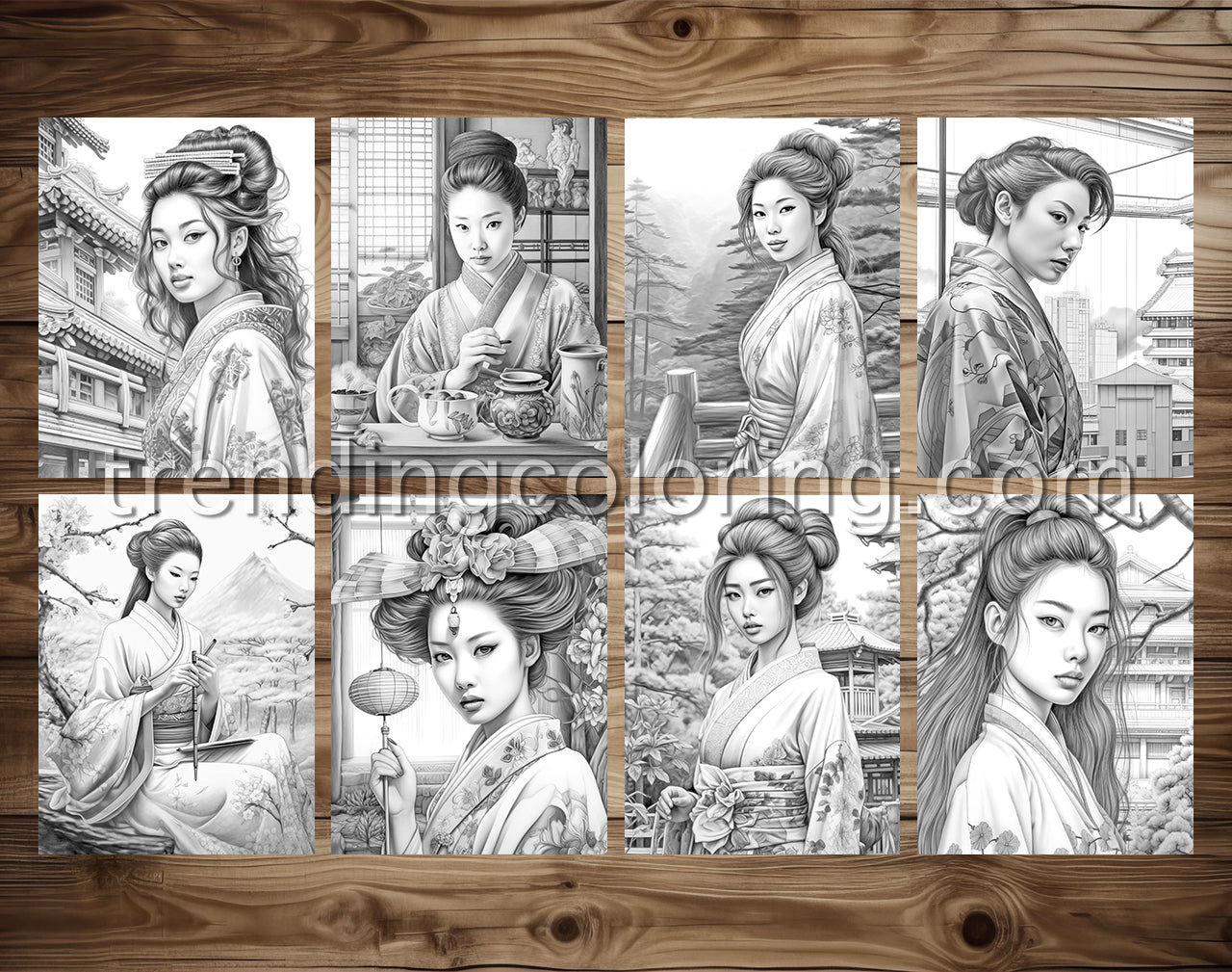 30 Traditional Japanese Girls Grayscale Coloring Pages - Instant Download - Printable PDF Dark/Light – preview 4