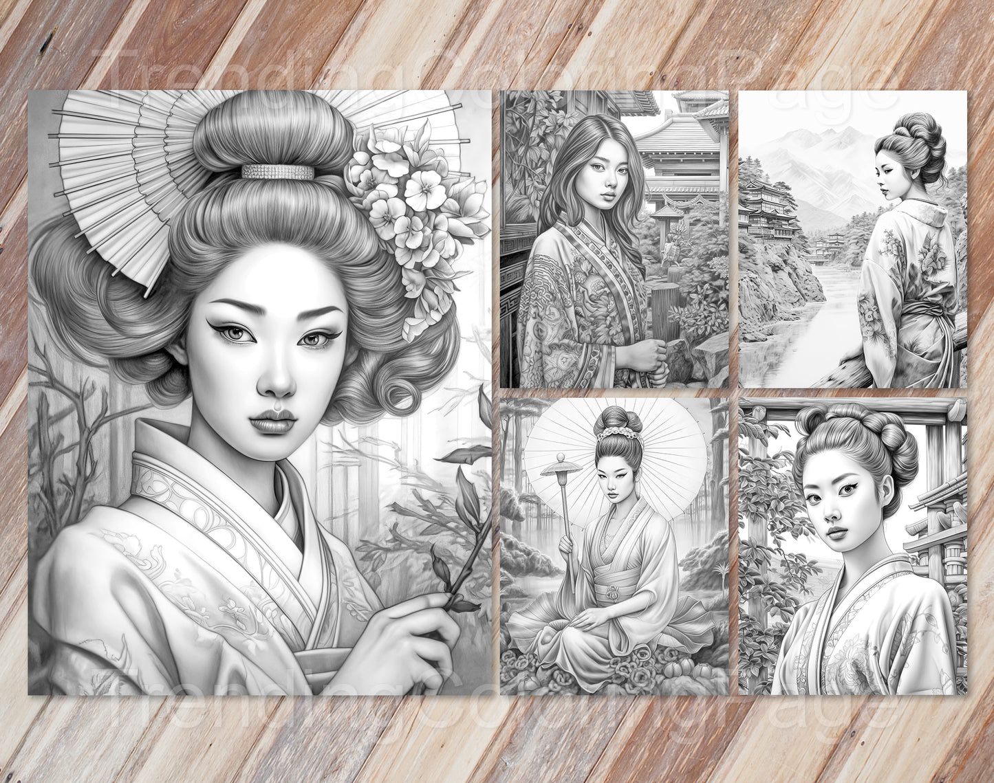 30 Traditional Japanese Girls Grayscale Coloring Pages - Instant Download - Printable PDF Dark/Light – preview 5