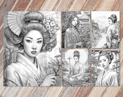 30 Traditional Japanese Girls Grayscale Coloring Pages - Instant Download - Printable PDF Dark/Light – preview 5