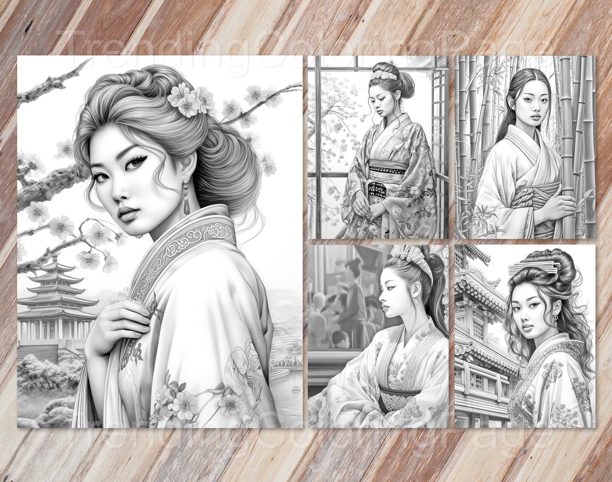 30 Traditional Japanese Girls Grayscale Coloring Pages - Instant Download - Printable PDF Dark/Light – preview 6