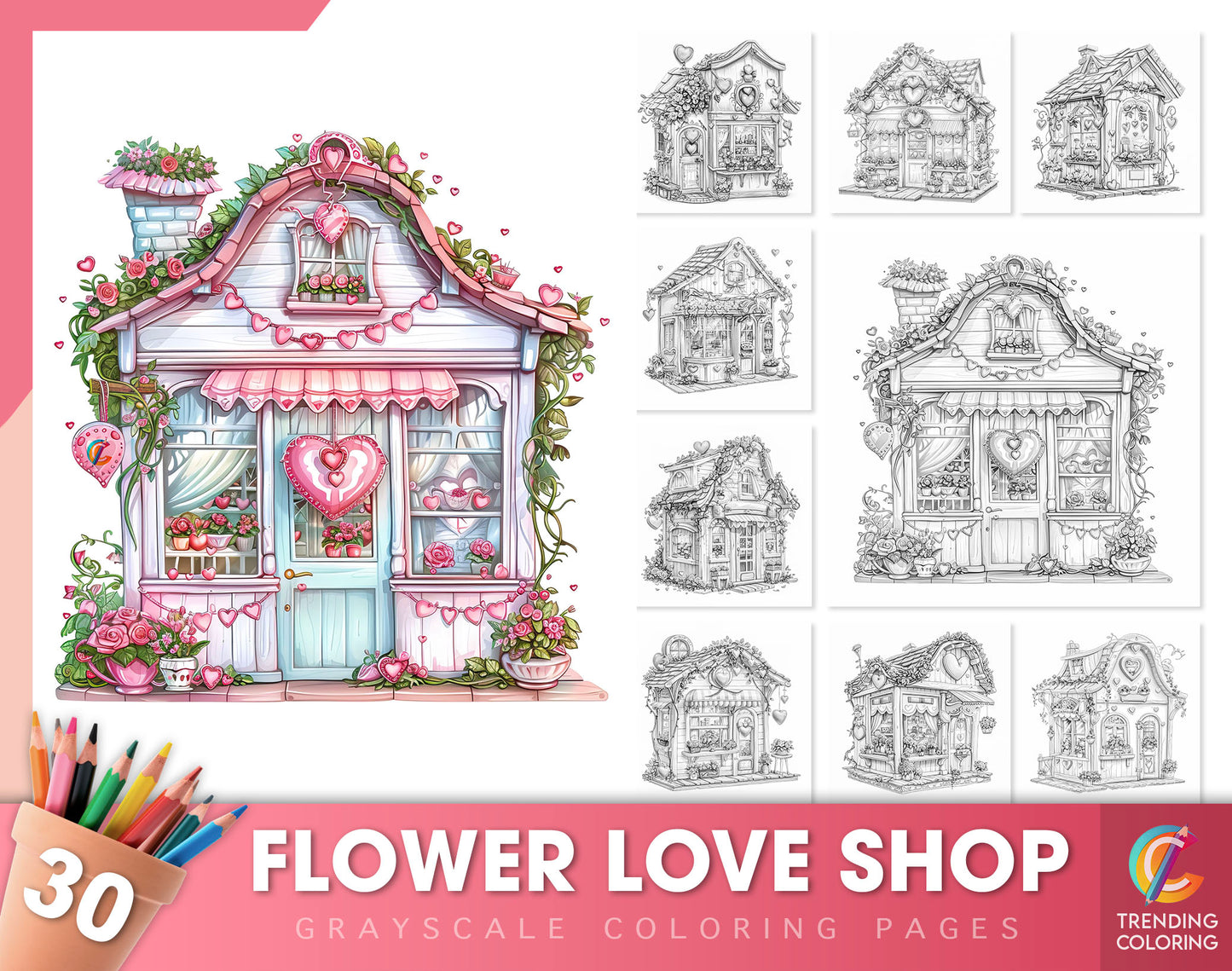 30 Flower Love Shop Grayscale Coloring Pages - Instant Download - Printable PDF Dark/Light