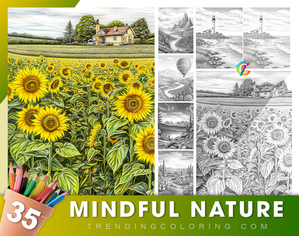 35 Mindful Nature Grayscale Coloring Pages- Instant Download - Printable Dark/Light PDF