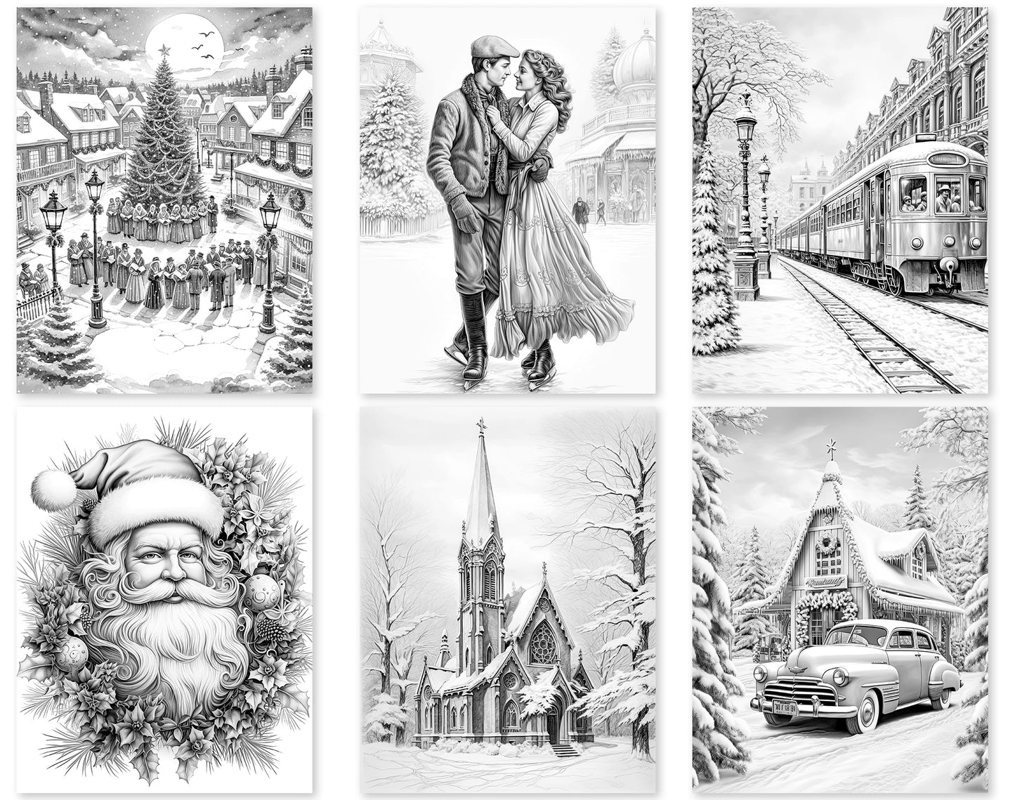 35 Old Fashioned Christmas Grayscale Coloring Pages - Instant Download - Printable PDF Dark/Light