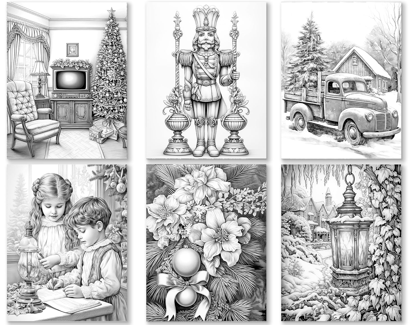 35 Old Fashioned Christmas Grayscale Coloring Pages - Instant Download - Printable PDF Dark/Light