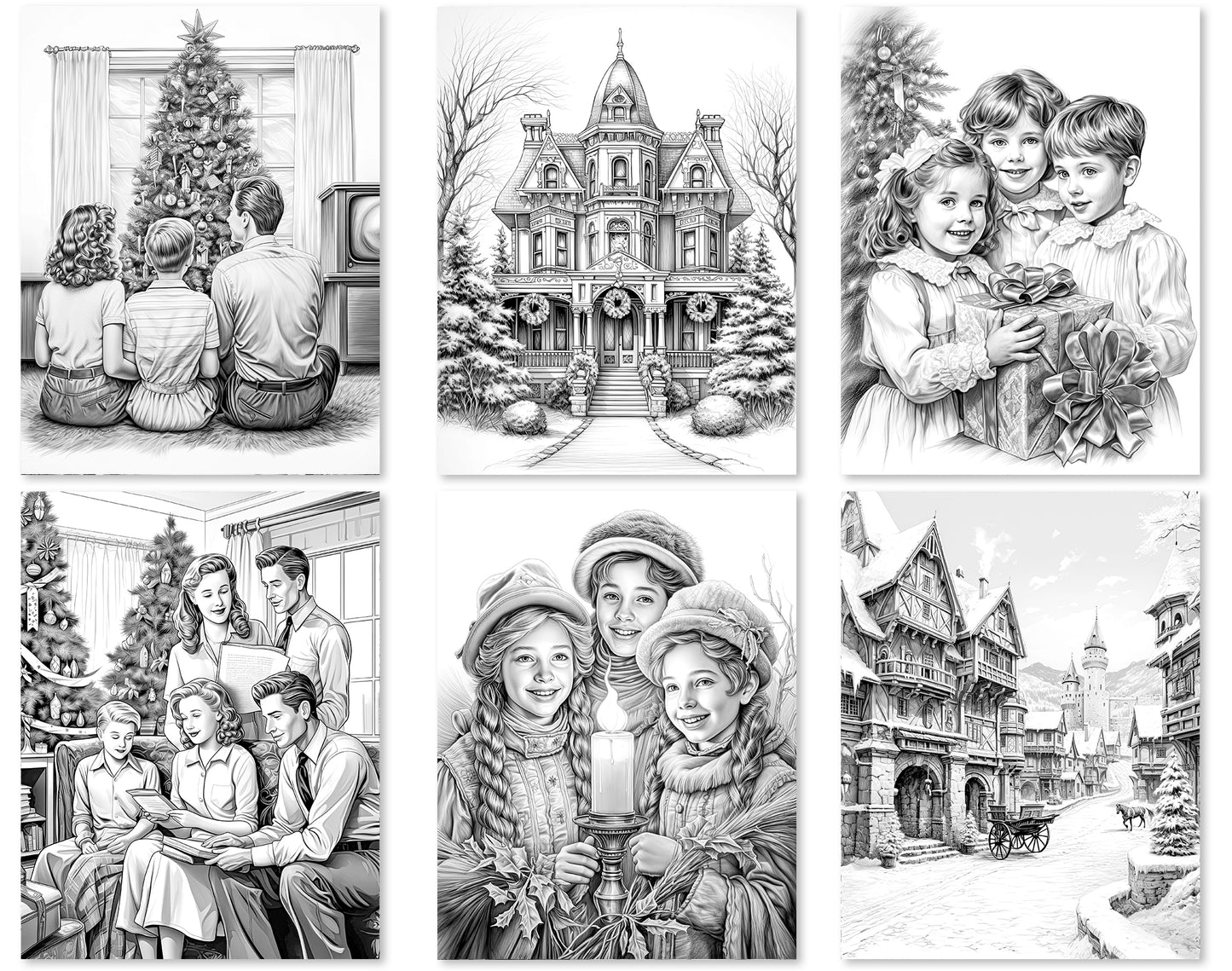 35 Old Fashioned Christmas Grayscale Coloring Pages - Instant Download - Printable PDF Dark/Light