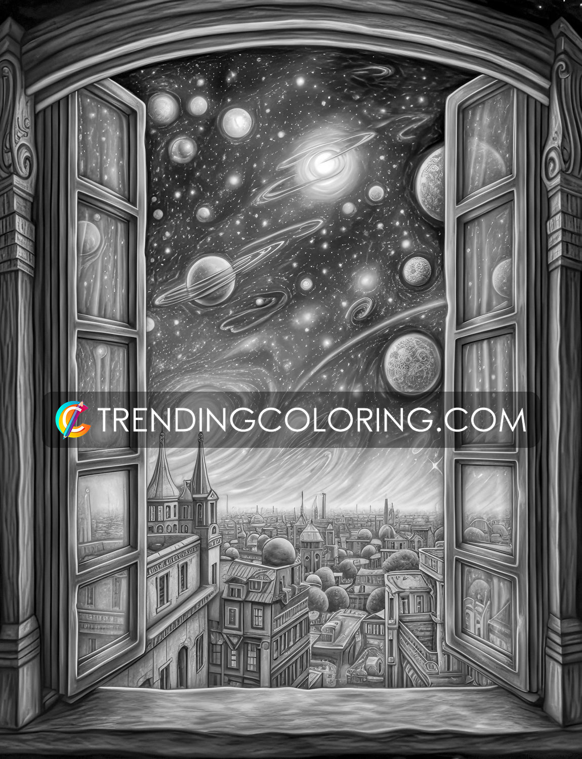 35 Window to Another World Grayscale Coloring Pages - Instant Download - Printable PDF Dark/Light