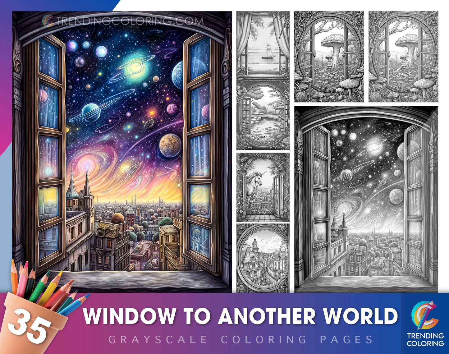 35 Window to Another World Grayscale Coloring Pages - Instant Download - Printable PDF Dark/Light