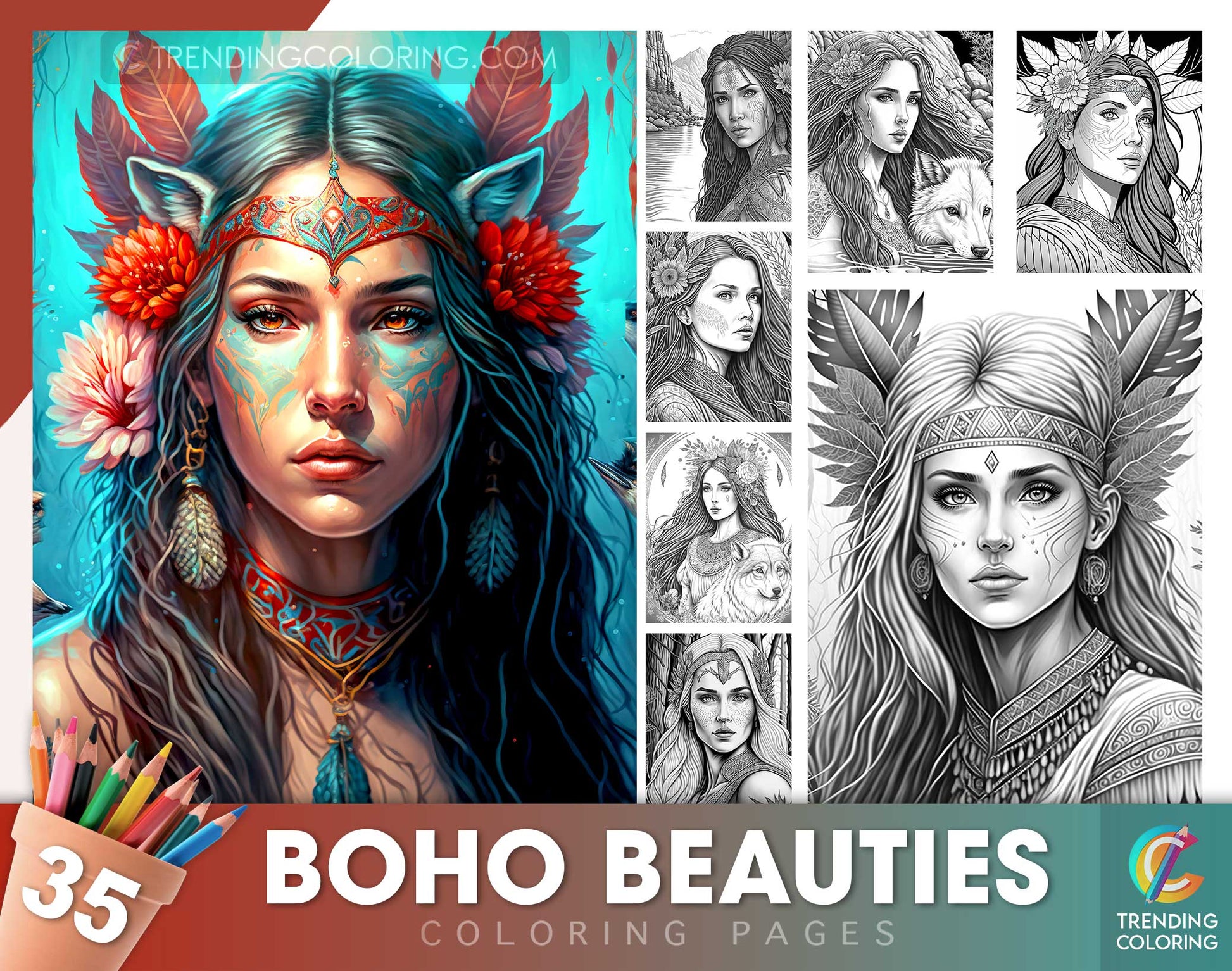 35 Boho Beauties Grayscale Coloring Pages - Instant Download - Printable PDF
