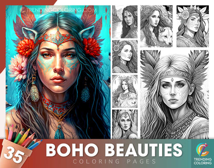 35 Boho Beauties Grayscale Coloring Pages - Instant Download - Printable PDF