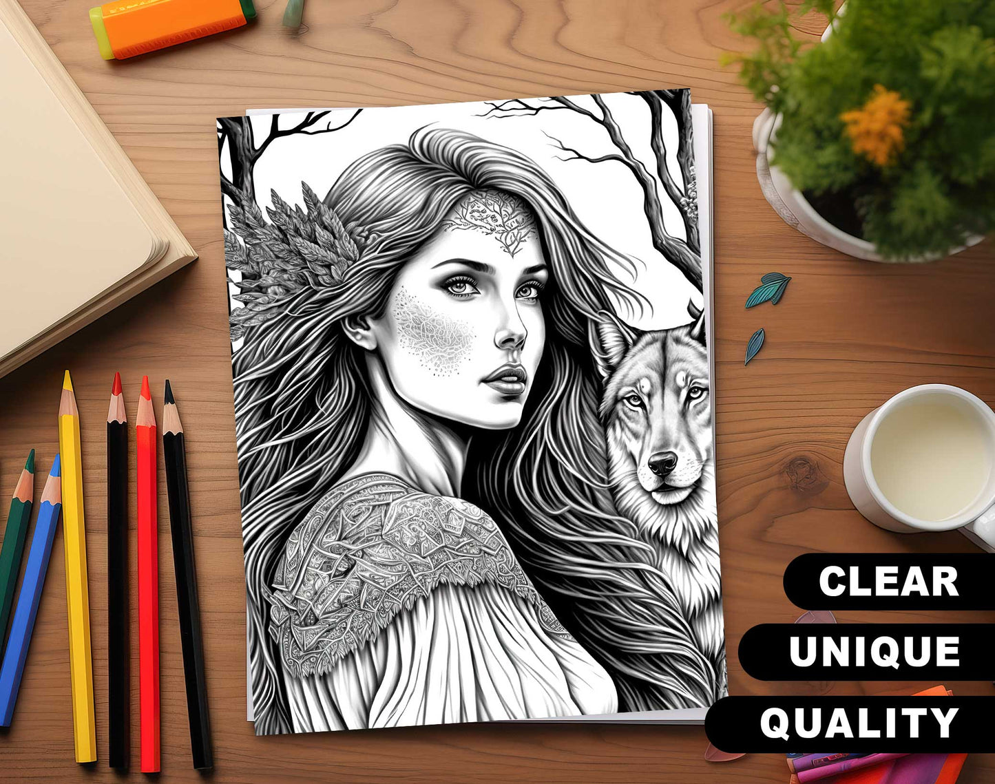 35 Boho Beauties Grayscale Coloring Pages - Instant Download - Printable PDF – preview 3