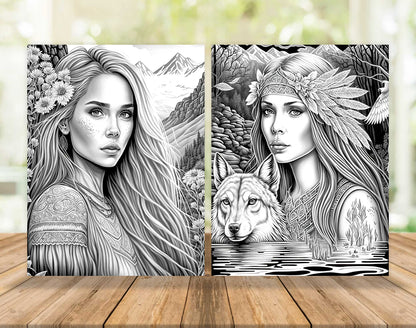 35 Boho Beauties Grayscale Coloring Pages - Instant Download - Printable PDF – preview 4