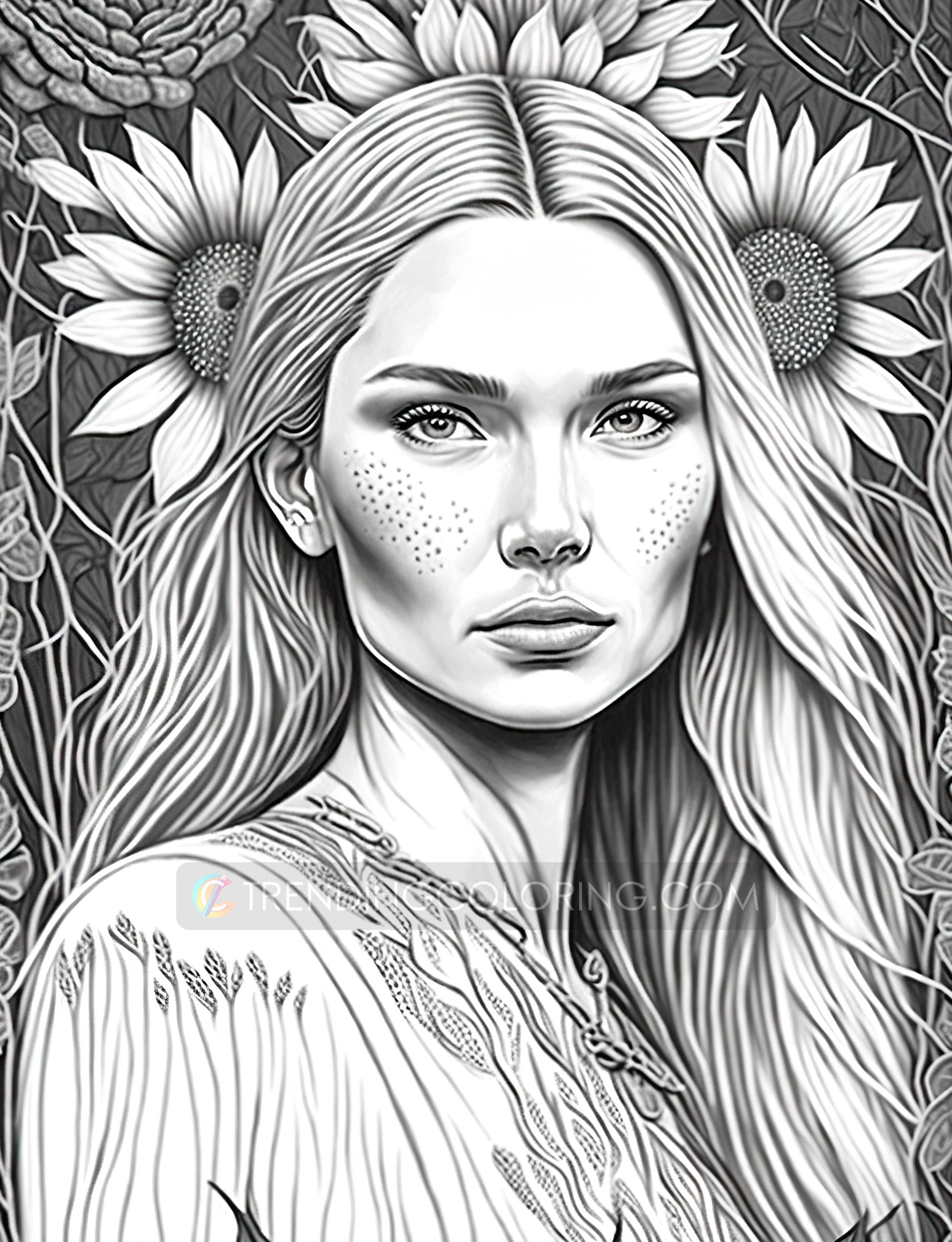 35 Boho Beauties Grayscale Coloring Pages - Instant Download - Printable PDF – preview 8