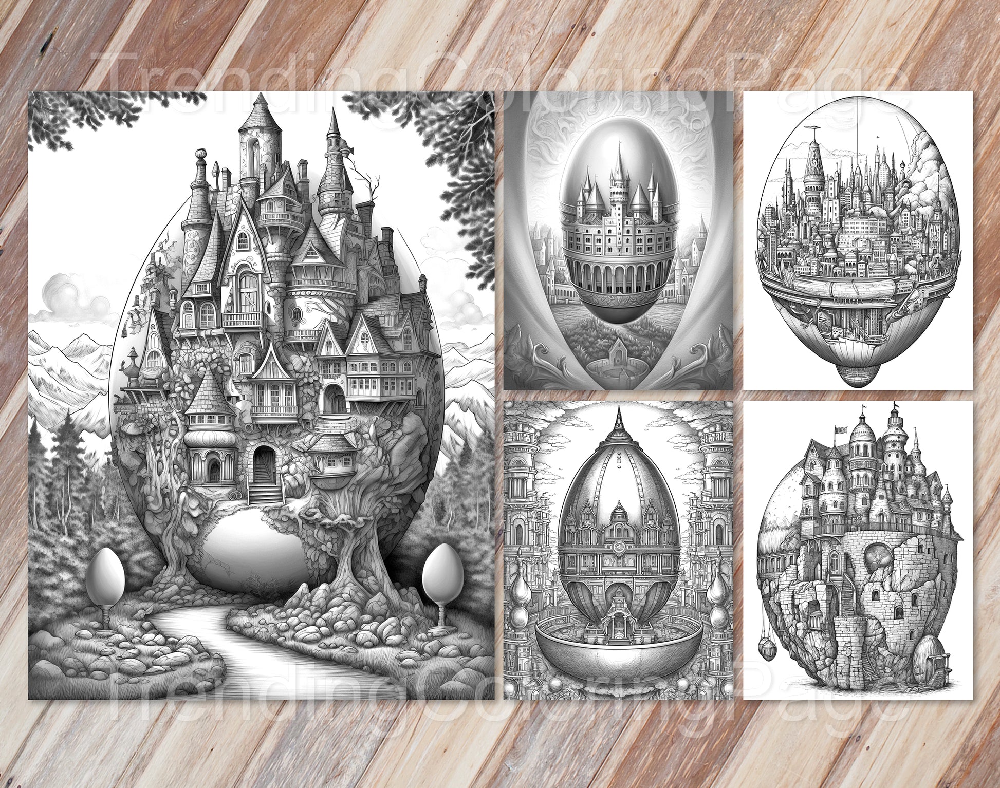 35 Easter Egg Dreamland Grayscale Coloring Pages - Instant Download - Printable PDF Dark/Light – preview 4