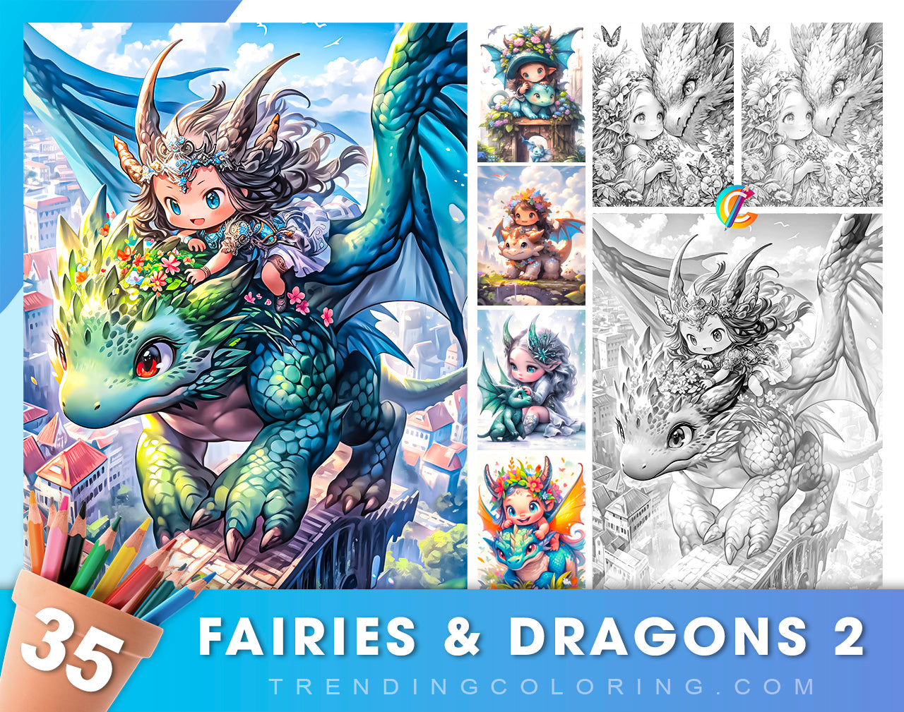 35 Fairies & Dragons 2 Grayscale Coloring Pages - Instant Download - Printable PDF