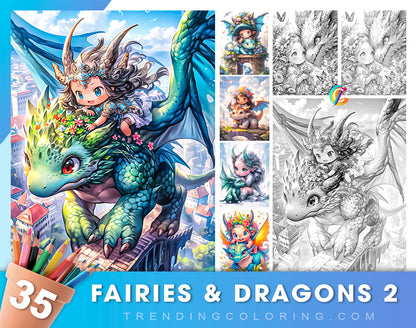 35 Fairies & Dragons 2 Grayscale Coloring Pages - Instant Download - Printable PDF