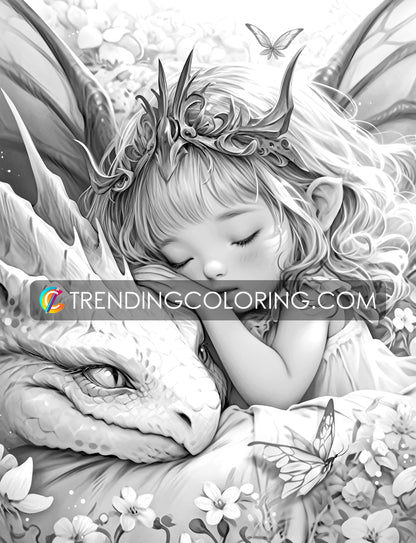 35 Fairies & Dragons 2 Grayscale Coloring Pages - Instant Download - Printable PDF – preview 10