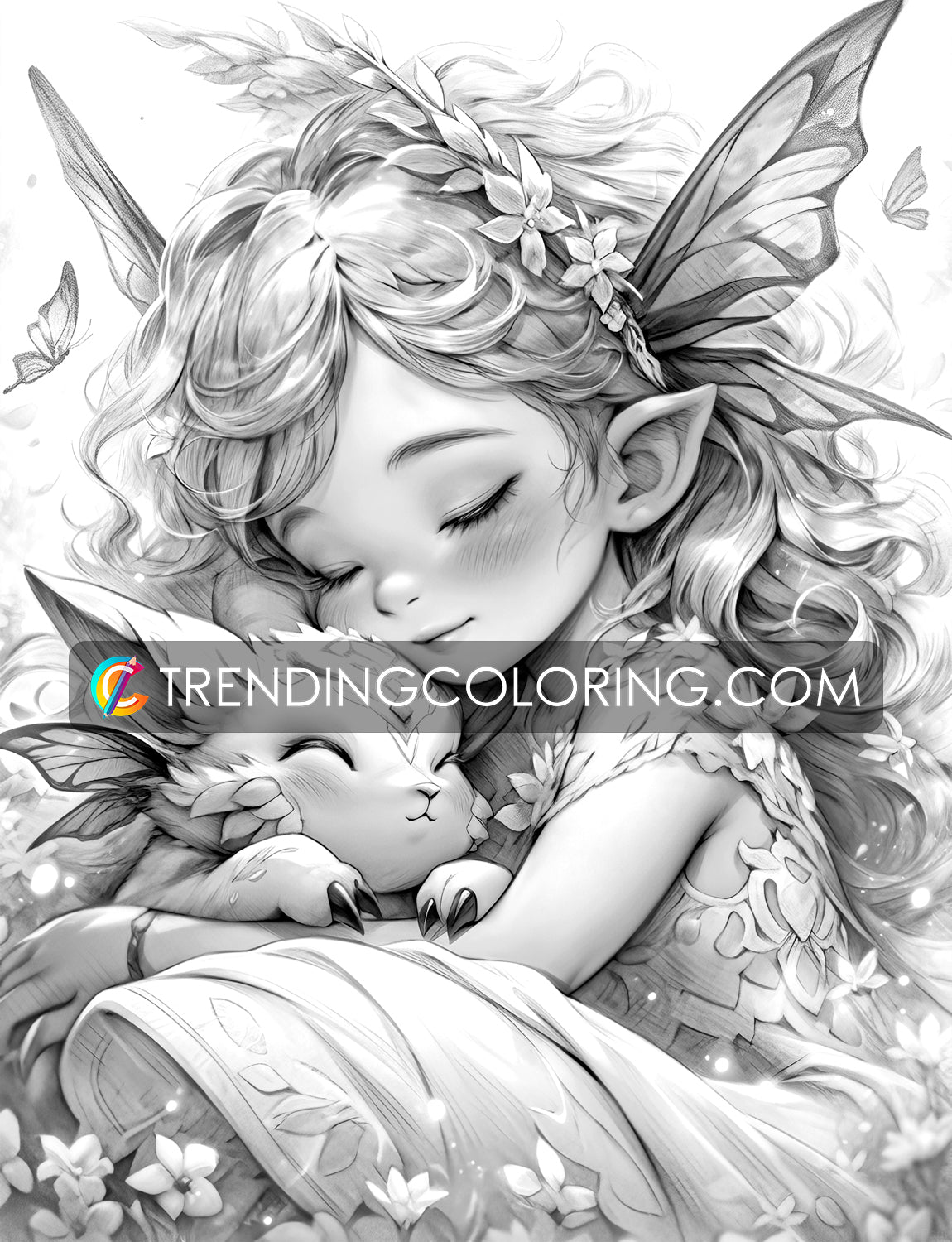 35 Fairies & Dragons 2 Grayscale Coloring Pages - Instant Download - Printable PDF – preview 11
