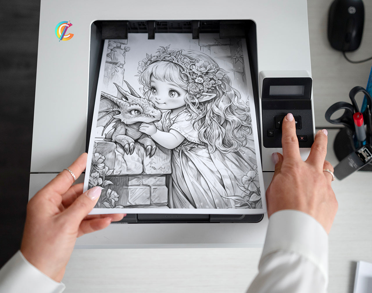 35 Fairies & Dragons 2 Grayscale Coloring Pages - Instant Download - Printable PDF – preview 2