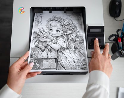 35 Fairies & Dragons 2 Grayscale Coloring Pages - Instant Download - Printable PDF – preview 2